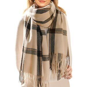 Women Beige Winter Scarf for Shawl Soft Tassel Plaid Large Oversized Scarves